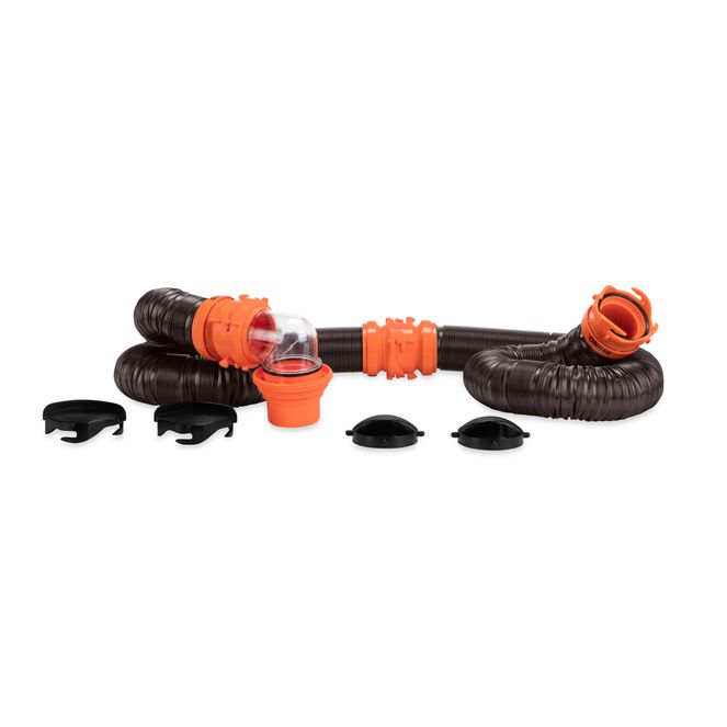 39741 - Camco RhinoFLEX Camper/RV Sewer Hose Kit with 4-in-1 Adapter & Clear Elbow, Includes Caps for Convenient Storage, Fits 3″ Slip & NPT Threaded Sewer Connections