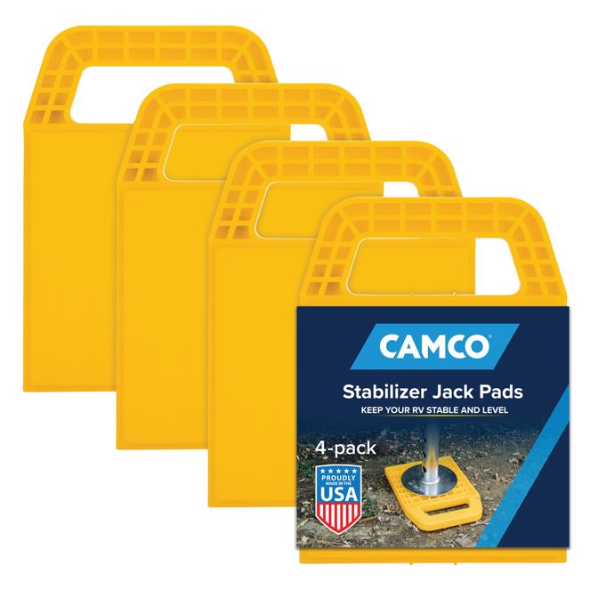 44595 - RV Stabilizer Jack Pads — 6 3/16" x 6 3/16" Support Area — Resin Pads Keep Jacks from Sinking into the Ground — Interlocking Design with Handy Storage Strap — 4-Pack — Yellow — Made in the USA