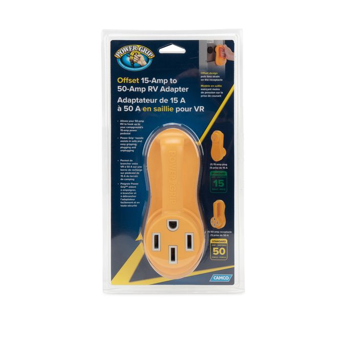 55137 - Camco Power Grip Electrical Offset Adapter - 15 amp to 50 amp RV Power Adapter - Offset Design to Relieve Cord Stress ( )