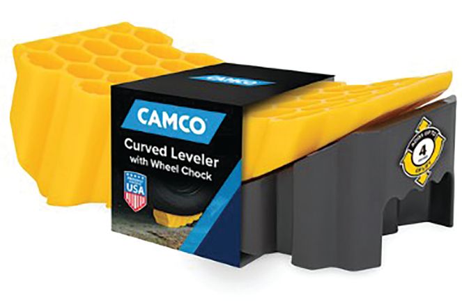 44423 - Curved Camper/RV Leveler & RV Wheel Chock — Heavy-Duty Honeycomb Design — Includes Non-Slip Rubber Grippers on Wheel Chock — Compatible w/Trailers Up to 30,000 lb — 1-Pack