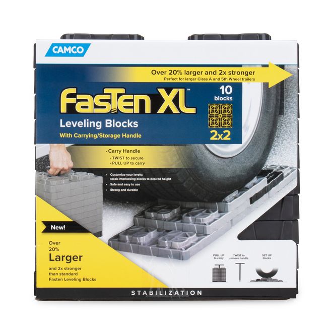 44527 - Camco FasTen XL RV Leveling Blocks — Heavy-Duty RV Leveling System Keeps Your RV Level — Includes T-Handle For Simple Carrying — 2x2 —10 RV Blocks — Gray
