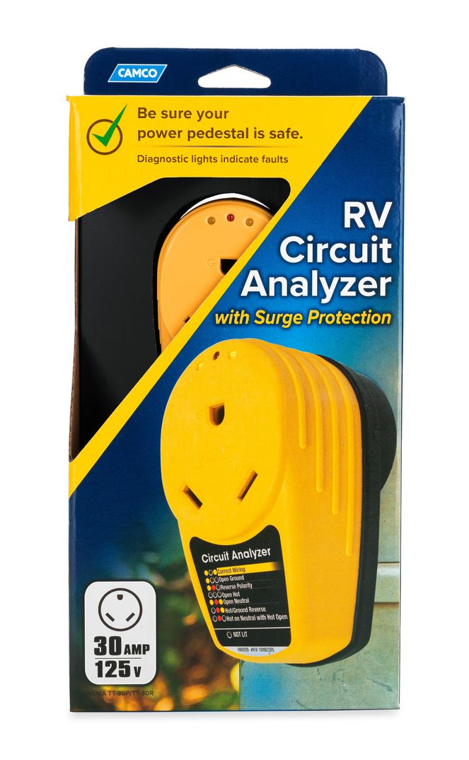 55310 - Power Grip RV 30-Amp Circuit Analyzer Adapter with Integrated Surge Protection and Fault Indication, 30-Amp Male to 30-Amp Female