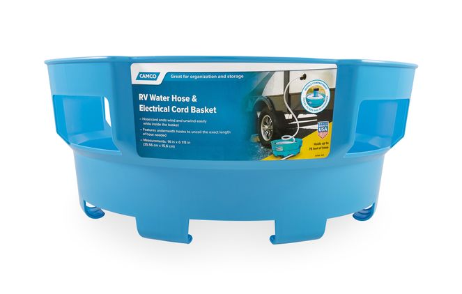 20166 - RV Water Hose and RV Power Cord Basket, Keeps Your Essential RV Accessories Organized, Great for RV Storage, Blue