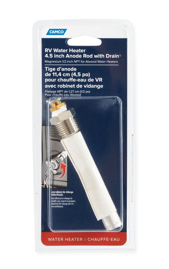 11533 - Magnesium RV Water Heater Anode Rod with Drain for Atwood Aluminum Water Heaters, 4 1/2″ Long with 1/2″ Pipe Thread
