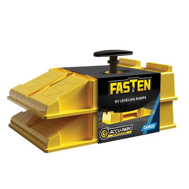 44535 - Camco FasTen Premium RV Leveling Trailer Ramps w/ Convenient Handle - Nesting Design for RV Storage - Compatible w/ Square Leveling Blocks - 2-Pack ( )