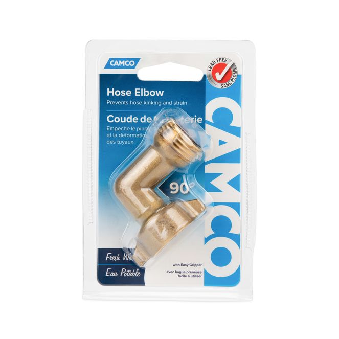 22505 - 90-Degree Hose Elbow For RVs — Solid Brass Construction— Certified Lead-Free — Features Convenient Easy Grip Connector — For RV Water Hoses, Residential Outdoor Faucets, & More