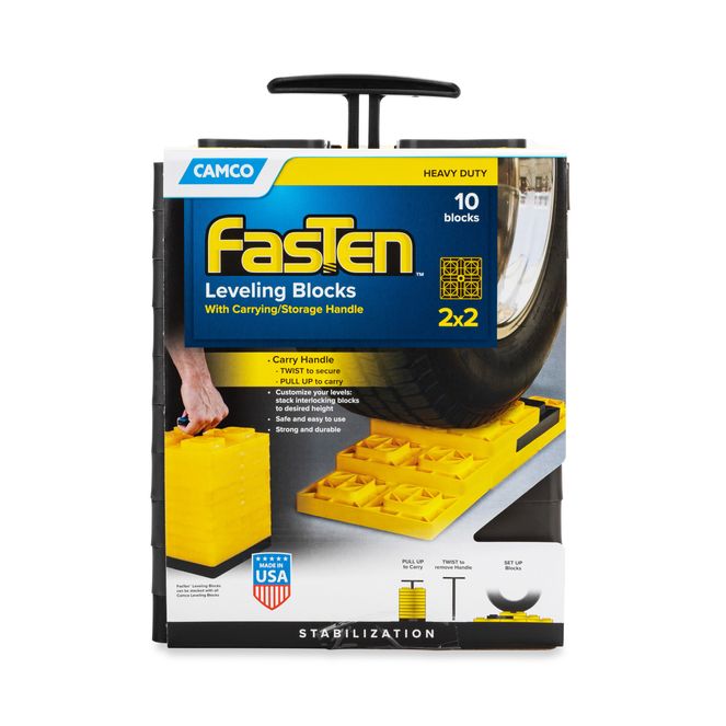 44521 - Camco FasTen RV Leveling Blocks, Heavy-Duty RV Leveling System Keeps Your RV Level, Includes T-Handle For Simple Carrying, 2x2, Pack of 10 RV Blocks, Gray