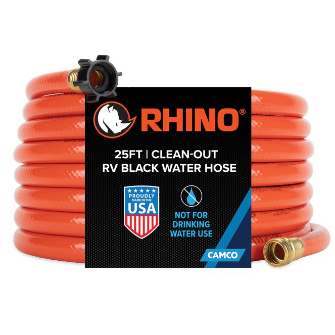 22990 - Rhino 25' Clean-Out RV Black Water Hose —Heavy-Duty PVC Construction — Works with Grey/Black Water Tanks, & Tote Tanks — Bright Orange — 5/8″ ID