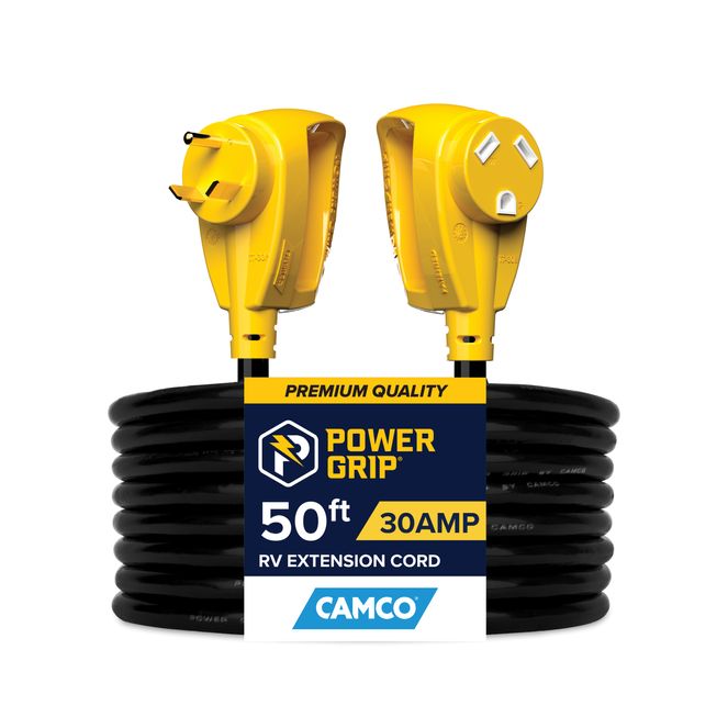55197 - Camco Power Grip 30-Amp RV Extension Cord/Level 1 EV Charger, 50' Length, 125V/3750W, 10-Guage Wires, NEMA TT-30P Standard x TT-30R Locking, ETL Listed to CSA/UL Standards