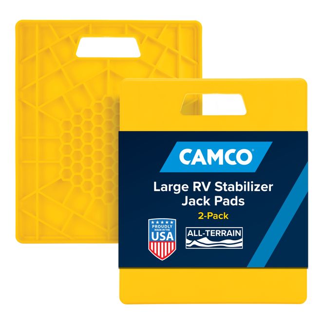 44541 - Large RV Stabilizer Jack Pads — 14" x 12" x 7/8" — Anti-Sinking Stability On Any Terrain — Interlocking Design with Storage Strap — 2-Pack — Yellow — Made in the USA