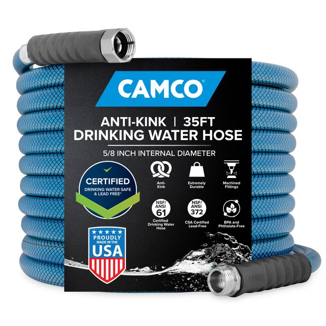22843 - 35' Professional Grade Marine/RV Drinking Water Hose— Certified For Drinking Water & Lead-Free — Anti-Kink Design — Zero Memory Retention — Made with Quality PVC — Machined Fitting & Strain Relief Ends — UV Stabilized for Long Use — 5/8" ID