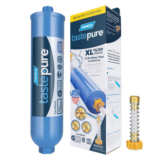 40019 - Camco Tastepure XL RV/Marine Inline Water Filter with Flexible Hose Protector — NSF Certified — Reduces Bad Taste, Odor, Sediment, etc. — Ideal for Campers, Boats, Gardens, Pets — Made in USA