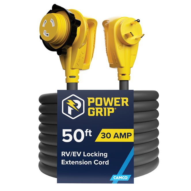 55525 - Camco Power Grip 50-ft 30-Amp RV Extension Cord/Level 1 EV Charger Extension Cable, Standard NEMA TT-30P Male x L5-30R Locking Female, 125V/3750W (24A for EV Use), 10 AWG, cETLus Listed