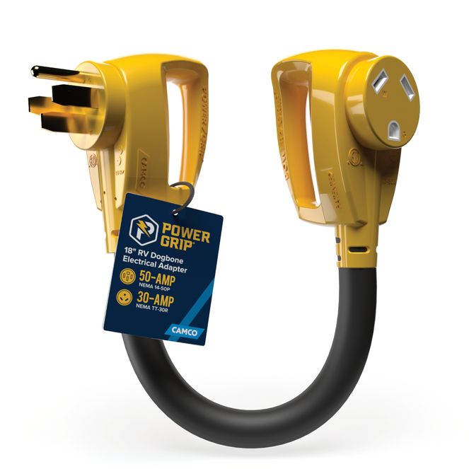 55175 - Power Grip 18" 50-Amp to 30-Amp Dogbone RV Electrical Adapter – Connects a 30-Amp RV to a 50-Amp Power Source – 125V/3750W – 10/3-Gauge Wires – Weatherproof & Easy to Use RV Accessory