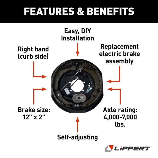 1224513 - Forward Self-Adjusting Trailer Brake Assembly - 12" x 2" Brake Size, 5-Bolt, 5,200-7,000-lb. Hybrid Axles, Right (Passenger) Side, Bulk Pallet