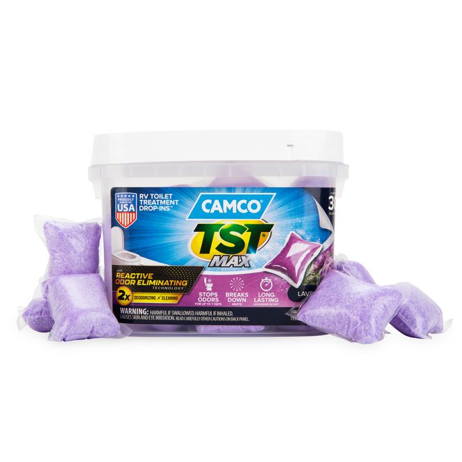41553 - Camco TST MAX Marine/RV Toilet Treatment Drop-INs, Control Unwanted Odors & Break Down Waste and Tissue, Septic Tank Safe, Long-Lasting Lavender Scent, 30 per Bucket