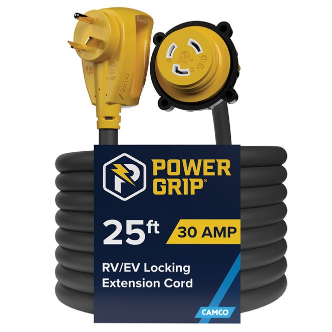 55501 - Camco Power Grip 25-ft 30-Amp RV Extension Cord/Level 1 EV Charger Extension Cable, Standard NEMA TT-30P Male x Marine-Style L5-30R Locking Female, 125V/3750W (24A for EV Use), 10 AWG, cETLus Listed