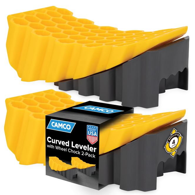 44425 - Curved Camper/RV Levelers & RV Wheel Chocks — Heavy-Duty Honeycomb Design — Includes Non-Slip Rubber Grippers on Wheel Chock — Compatible w/Trailers Up to 30,000 lb — 2-Pack