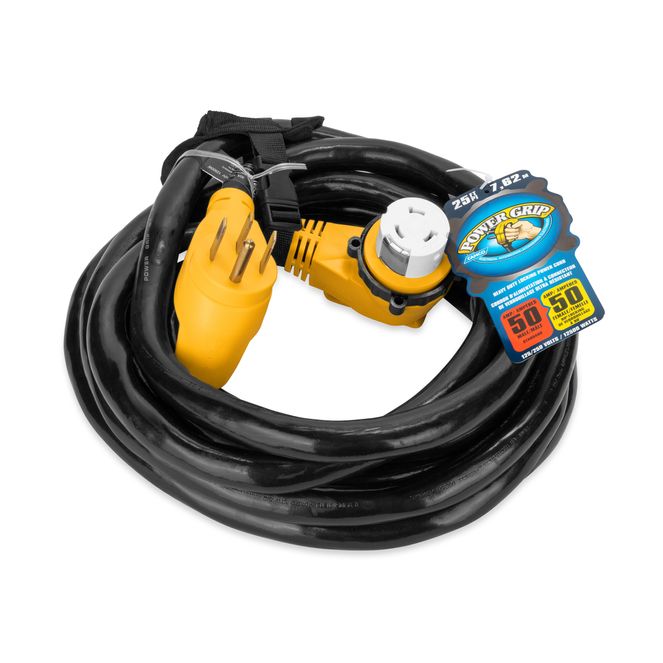 55574 - Camco Power Grip 50 Amp RV Extension Cord/Level 2 EV Charger, 25' Length, 125/250 V/12500W — 6/3 + 8/1-Gauge Wires — NEMA 14-50P Standard x SS2-50R 90° Locking — ETL Listed to CSA/UL Standards