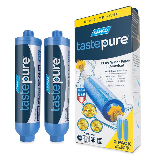 40045 - Camco Tastepure RV/Marine Inline Water Filter, NSF Certified, Reduces Bad Taste, Odor, Sediment, etc., Ideal for Campers, Boats, Gardens, & Pets, Made in the USA, 2-Pack