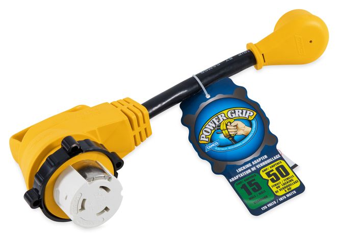 55638 - Power Grip 12" Dogbone RV Electrical Adapter – 15A Male/50A 90° Locking Female – Connects a 50-Amp RV/Boat to a 15-Amp Extension Cord – 125V/1875W – 10/3-Gauge Wires – Weatherproof