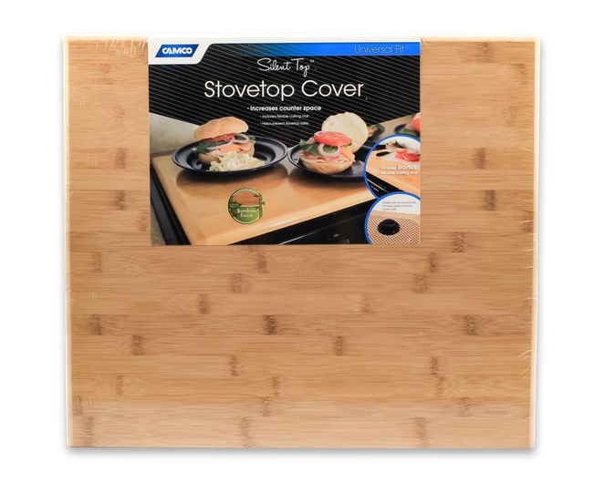 43571 - Camper/RV Silent Top Stovetop Cover — Protects Stoves & Expands Counter Space — Natural Bamboo with Non-Slip Rubber Feet — Fits Most 3 or 4 Burner RV Stoves — 19 1/2" x 17" x 3/4"