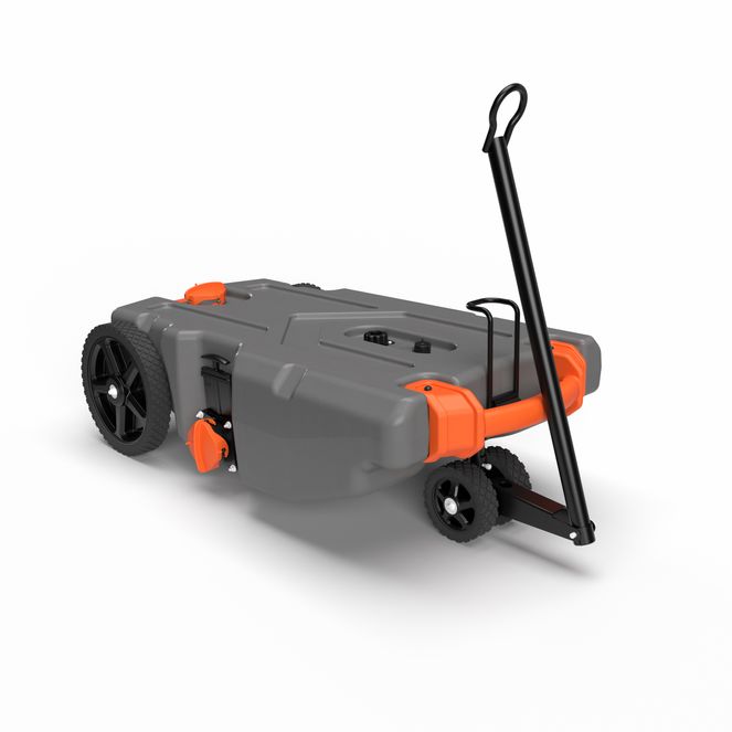 39005 - Rhino Camper/RV Portable Waste Tank – 28-Gallon – Features Steerable No-Flat Front Wheels & Built-In Gate Valve – Includes Removable 24" Tow Bar, 3' RV Sewer Hose, & More RV Accessories