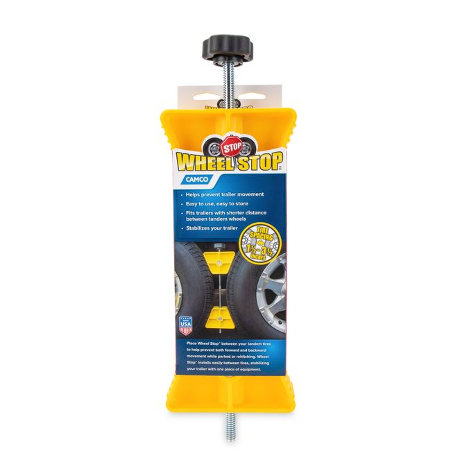 44652 - Small RV Wheel Stop for Tandem Tires (26"–30"), Trailer Stabilizer with Rubber Handle, Fits 1 1/2"–3 1/2" Tire Spacing, Lightweight, Durable Polymer, Stops Trailer Shifting