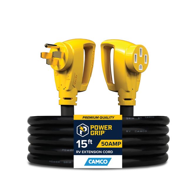 55194 - Camco Power Grip 15-ft 50 Amp RV Extension Cord/Level 2 EV Charger Extension Cable, Standard NEMA 14-50P Male x Standard 14-50R Female, 125-250V/12500W (40A for EV Use), 6/3 + 8/1 AWG, cETLus Listed