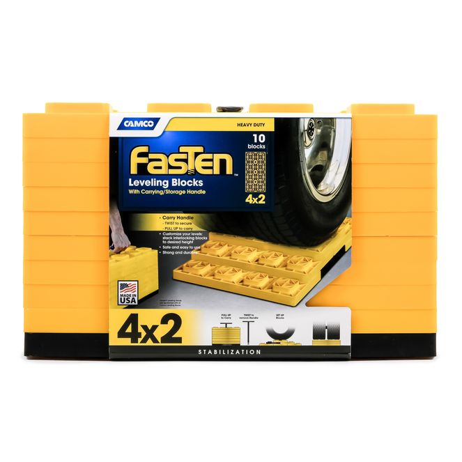 44515 - Camco FasTen RV Leveling Blocks — Heavy-Duty RV Leveling System Keeps Your RV Level — Includes T-Handle For Simple Carrying — 4x2 —10 RV Blocks — Yellow