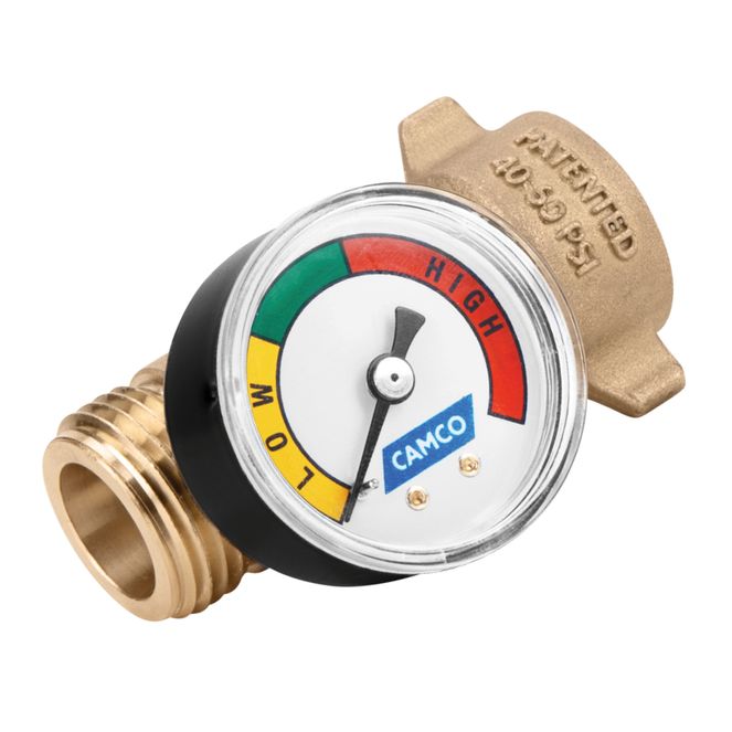 40064 - Brass Marine/RV Water Pressure Regulator with Gauge–Protects RV Kitchen Small Appliances, Plumbing & Hoses– Reduces Water Pressure to Safe 40-50 PSI–Drinking Water Safe—Monitoring Gauge