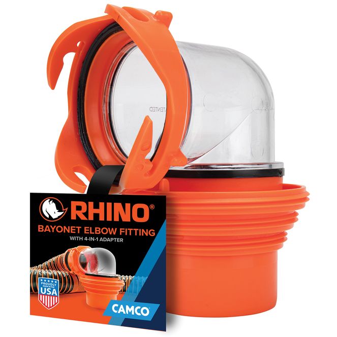 39736 - Rhino Clear RV Sewer Hose Elbow with 4-in-1 Adapter — Features a 360° Swivel Fitting Rotation & Odor-Tight Protection — Fits Most Sewer Dump Stations