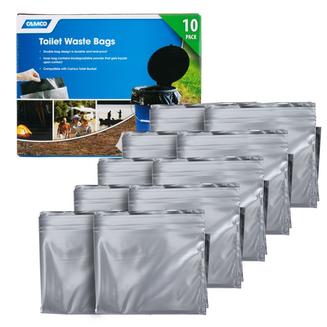 41548 - Toilet Waste Bags, 10-Pack, Double-Bag Design with Liquid-Absorbing Gel Powder, Perfect for RV Camping, Hunting, and Marine Use