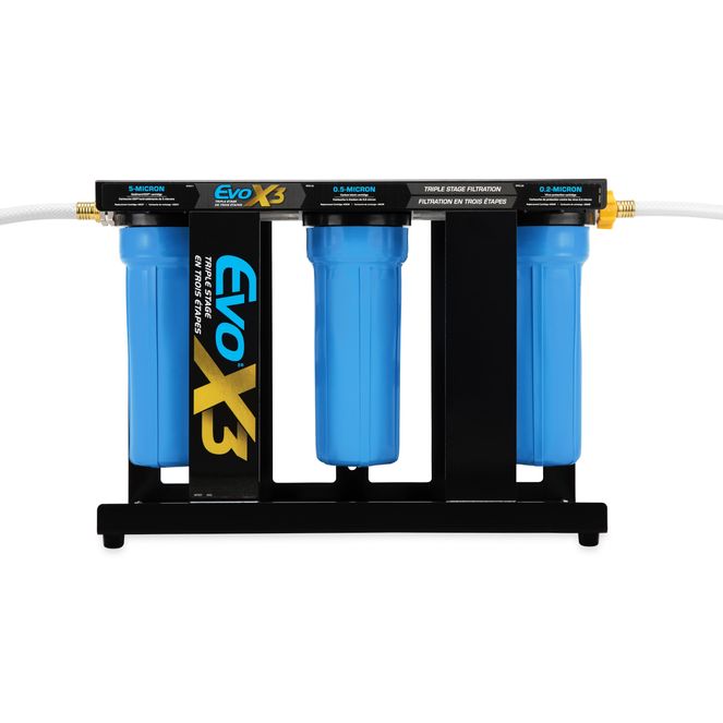 40649 - Camco Evo X3 Triple Stage Premium RV Water Filter Kit — Travel Accessory for Clean, Great-Tasting Water — Superior 0.2-Micron Filtration — Carbon Water Filter Removes Viruses, Bacteria, etc.