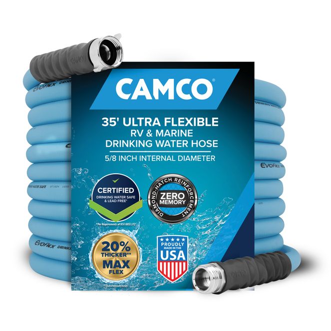 22595 - Camco EvoFlex 35' Professional Plus Marine/RV Drinking Water Hose — For Drinking Water — Certified Lead-Free — Anti-Kink Design — Zero Memory Retention — Made with Quality PVC —Machined Fittings — UV Stabilized for Long-Lasting Durability — 5/8" ID