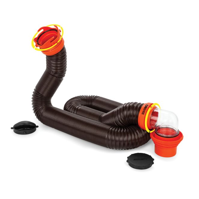 39761 - Camco RhinoFLEX 15' Camper/RV Sewer Hose Kit with 4-in-1 Adapter & Clear Elbow, Includes Caps for Convenient Storage, Fits 3″ Slip & NPT Threaded Sewer Connections