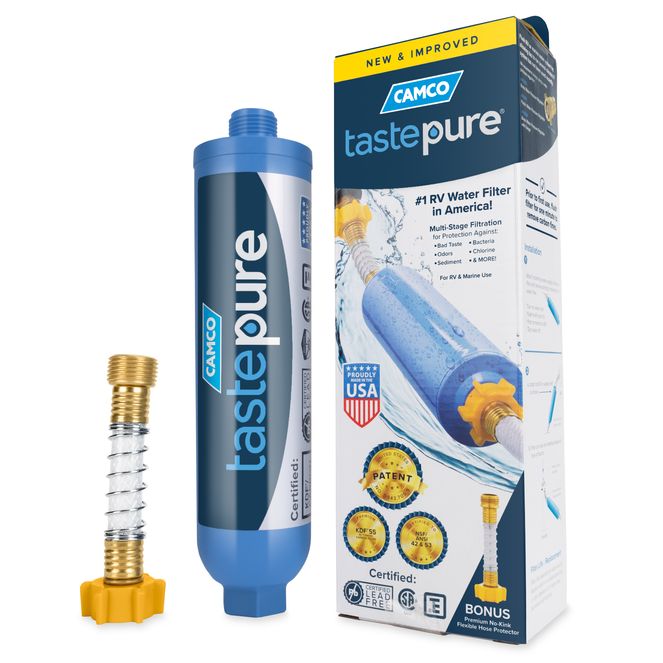 40043 - Camco Tastepure RV/Marine Inline Water Filter with Flexible Hose Protector, NSF Certified, Reduces Bad Taste, Odor, Sediment, etc., Ideal for Campers, Boats, Gardens, & Pets, Made in the USA