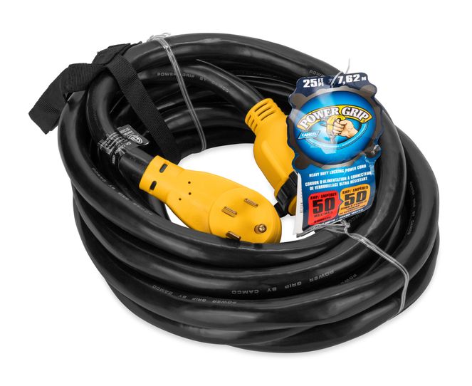 55542 - Camco Power Grip 25-ft 50 Amp RV Extension Cord/Level 2 EV Charger Extension Cable, Standard NEMA 14-50P Male x SS2-50R Locking Female, 125-250V/12500W (40A for EV Use), 6/3 + 8/1 AWG, cETLus Listed