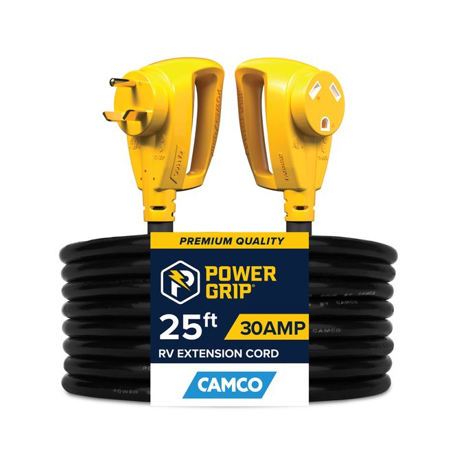 55191 - Camco Power Grip 25-ft 30-Amp RV Extension Cord/Level 1 EV Charger Extension Cable, Standard NEMA TT-30P Male x TT-30R Locking Female, 125V/3750W (24A for EV Use), 10 AWG, cETLus Listed