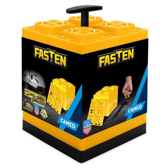 44512 - Camco FasTen RV Leveling Blocks, Heavy-Duty RV Leveling System Keeps Your RV Level, Includes T-Handle For Simple Carrying, 2x2, Pack of 10 RV Blocks, Yellow