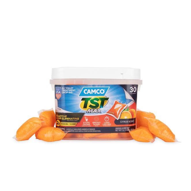 41183 - Camco TST MAX Marine/RV Toilet Treatment Drop-INs, Control Unwanted Odors & Break Down Waste and Tissue, Septic Tank Safe, Long-Lasting Citrus Scent, 30 per Bucket
