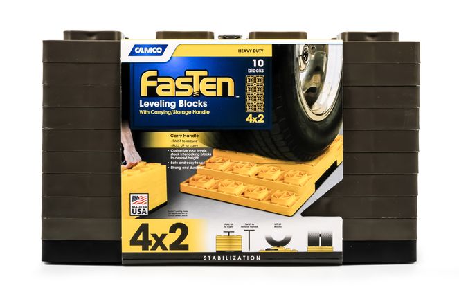 44525 - Camco FasTen RV Leveling Blocks — Heavy-Duty RV Leveling System Keeps Your RV Level — Includes T-Handle For Simple Carrying — 4x2 — 10 RV Blocks — Gray