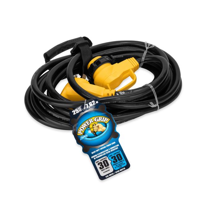 55524 - Camco Power Grip 25-ft 30-Amp RV Extension Cord/Level 1 EV Charger Extension Cable, Standard NEMA TT-30P Male x L5-30R Locking Female, 125V/3750W (24A for EV Use), 10 AWG, cETLus Listed