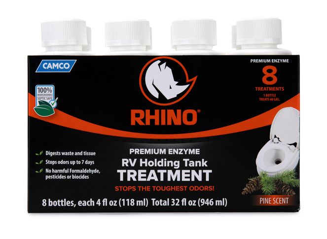 41511 - RhinoFLEX Premium Enzyme RV Holding Tank Treatment Singles, Pine Scent, (8) 4 oz. Bottles
