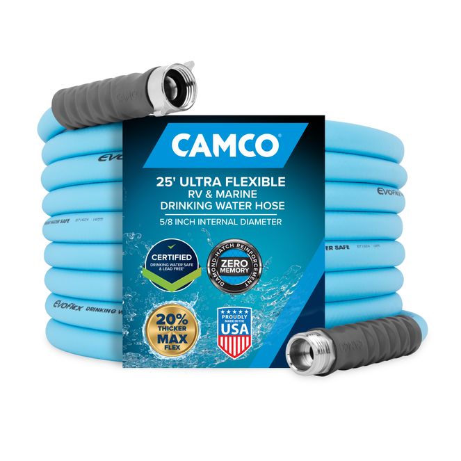 22594 - Camco EvoFlex 25' Professional Plus Marine/RV Drinking Water Hose — For Drinking Water — Certified Lead-Free — Anti-Kink Design — Zero Memory Retention — Made with Quality PVC —Machined Fittings — UV Stabilized for Long-Lasting Durability — 5/8" ID