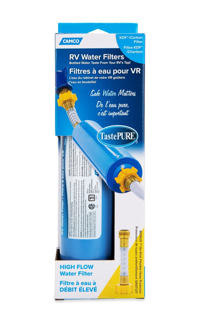 40013 - Camco TastePURE RV/Marine Water Filter with Flexible Hose Protector