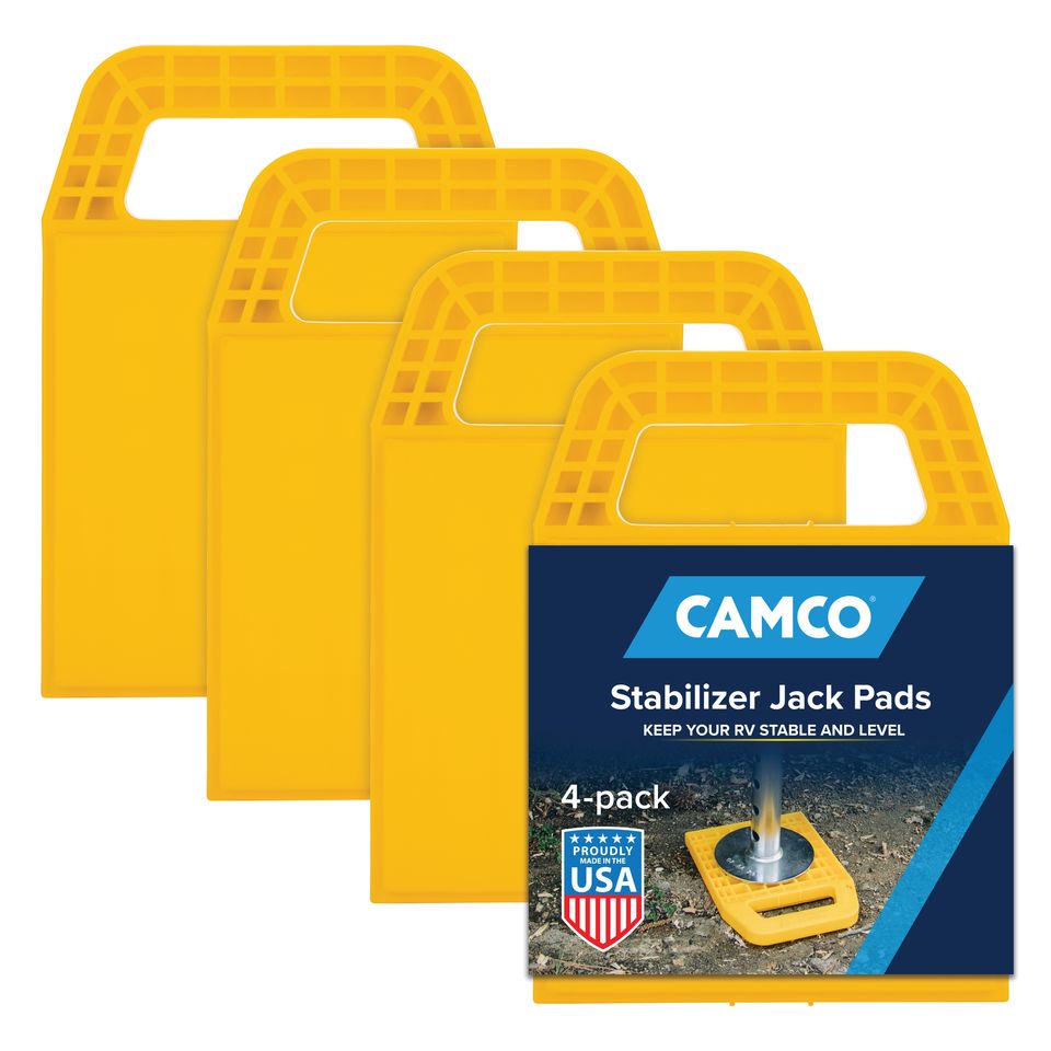 44595 - RV Stabilizer Jack Pads — 6 3/16" x 6 3/16" Support Area — Resin Pads Keep Jacks from Sinking into the Ground — Interlocking Design with Handy Storage Strap — 4-Pack — Yellow — Made in the USA