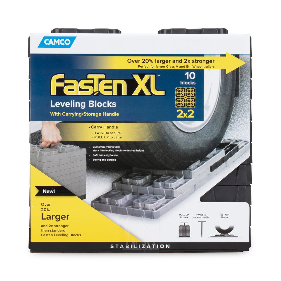 44527 - Camco FasTen XL RV Leveling Blocks — Heavy-Duty RV Leveling System Keeps Your RV Level — Includes T-Handle For Simple Carrying — 2x2 —10 RV Blocks — Gray