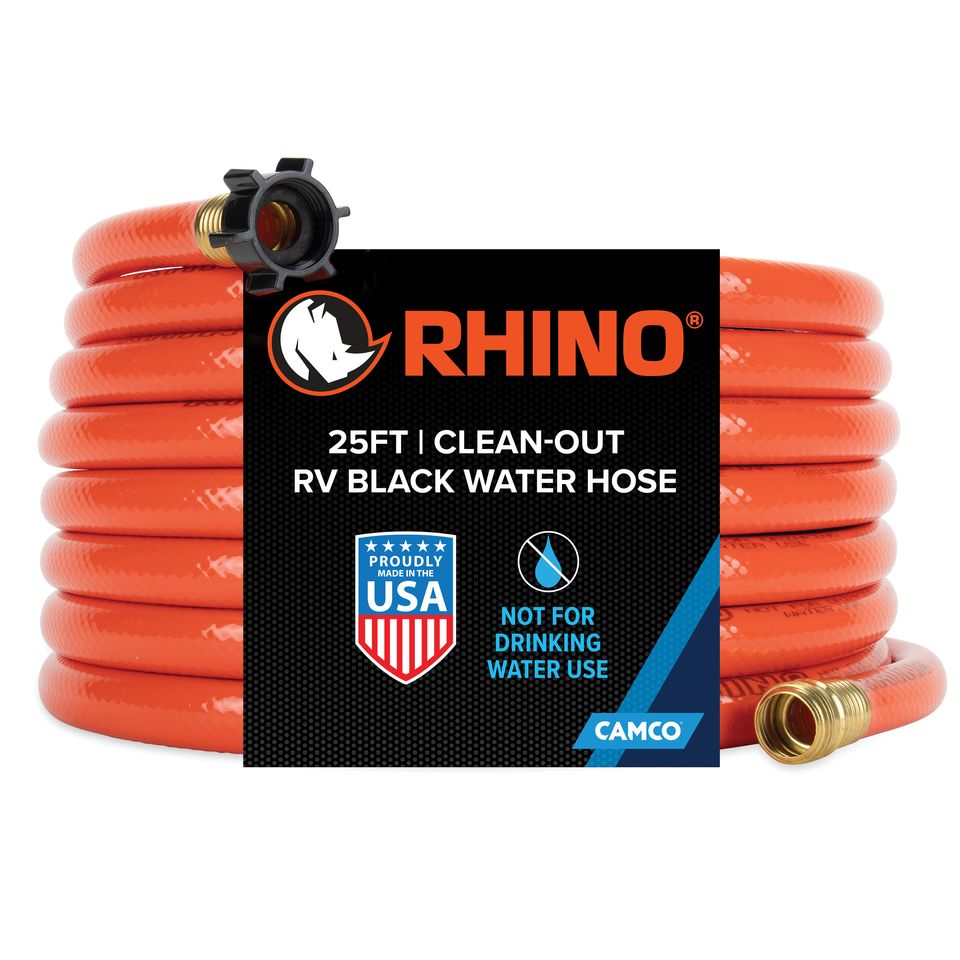 22990 - Rhino 25' Clean-Out RV Black Water Hose —Heavy-Duty PVC Construction — Works with Grey/Black Water Tanks, & Tote Tanks — Bright Orange — 5/8″ ID
