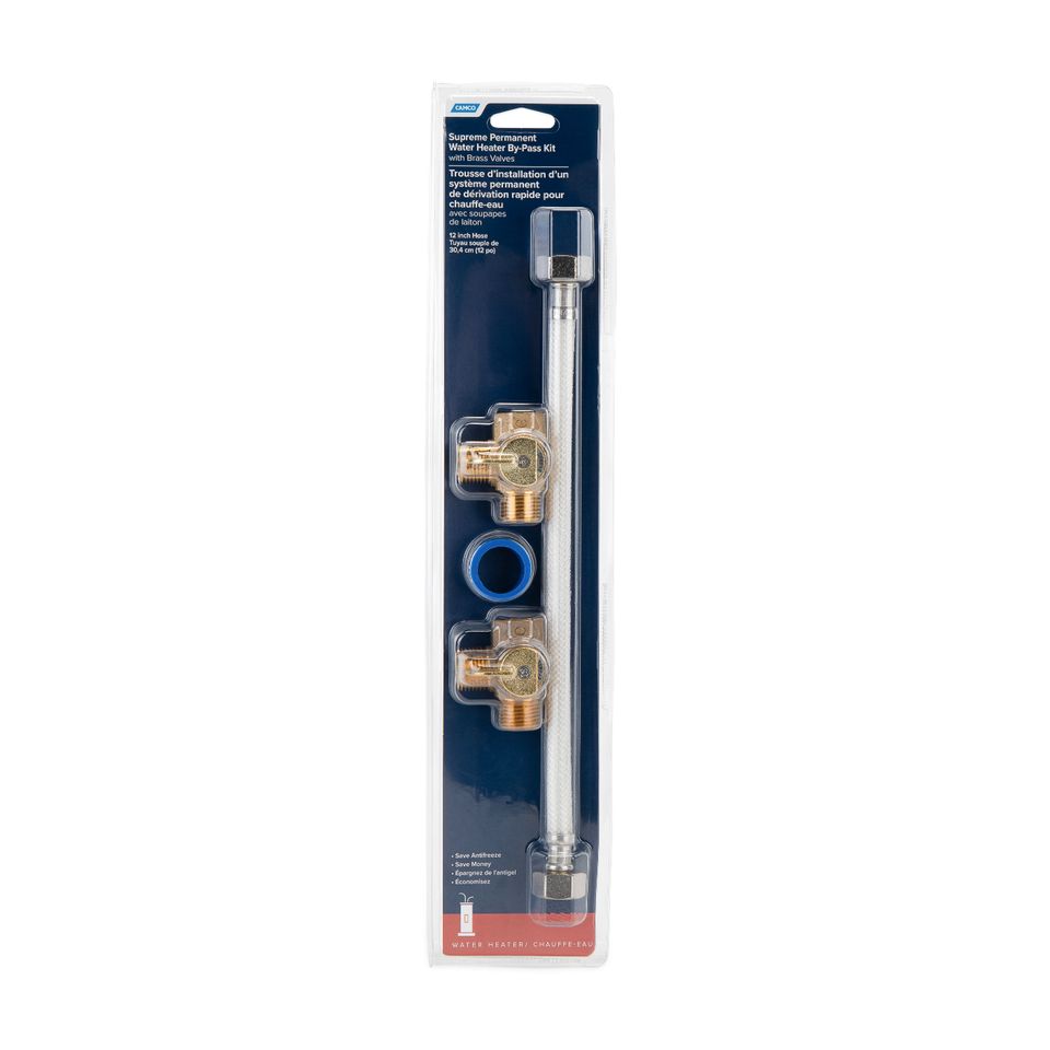 35963 - Supreme Permanent RV Water Heater Bypass Kit with 12″ Hose and Brass Valves, For 10-Gallon RV Water Heaters